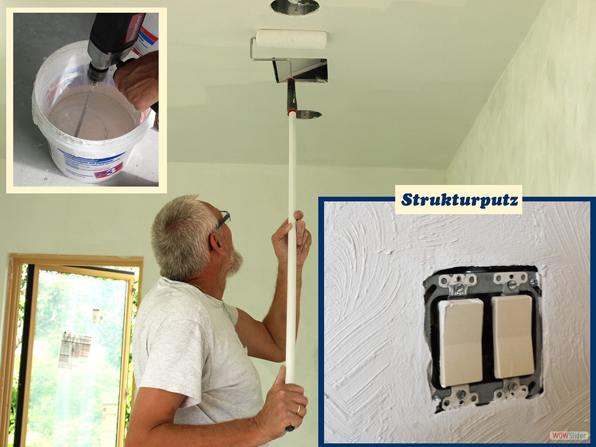 Auf den Platten wird der Oberputz in Struktur aufgetragen