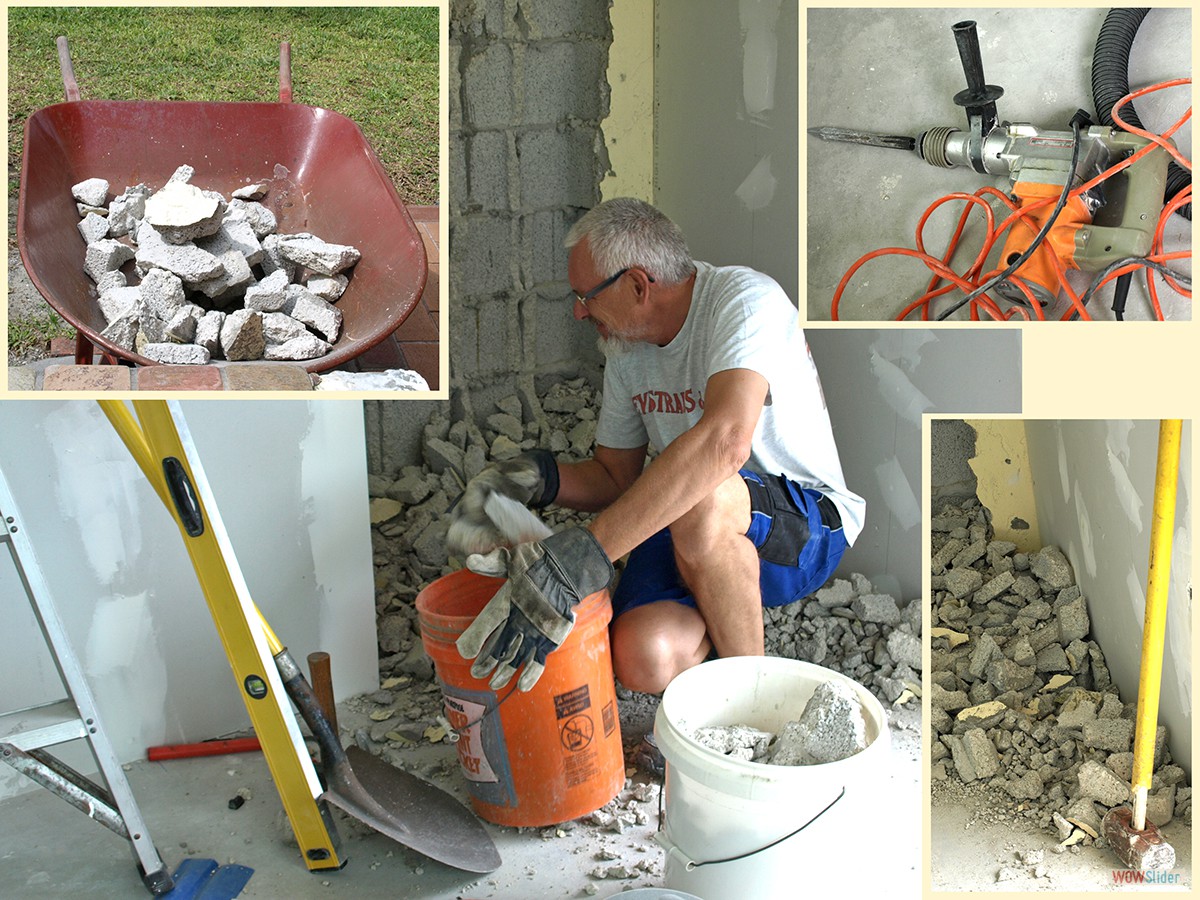 Zuerst wird die Innenseite der Wand (=die Hälfte der Hohlblocksteine) weggestemmt ...