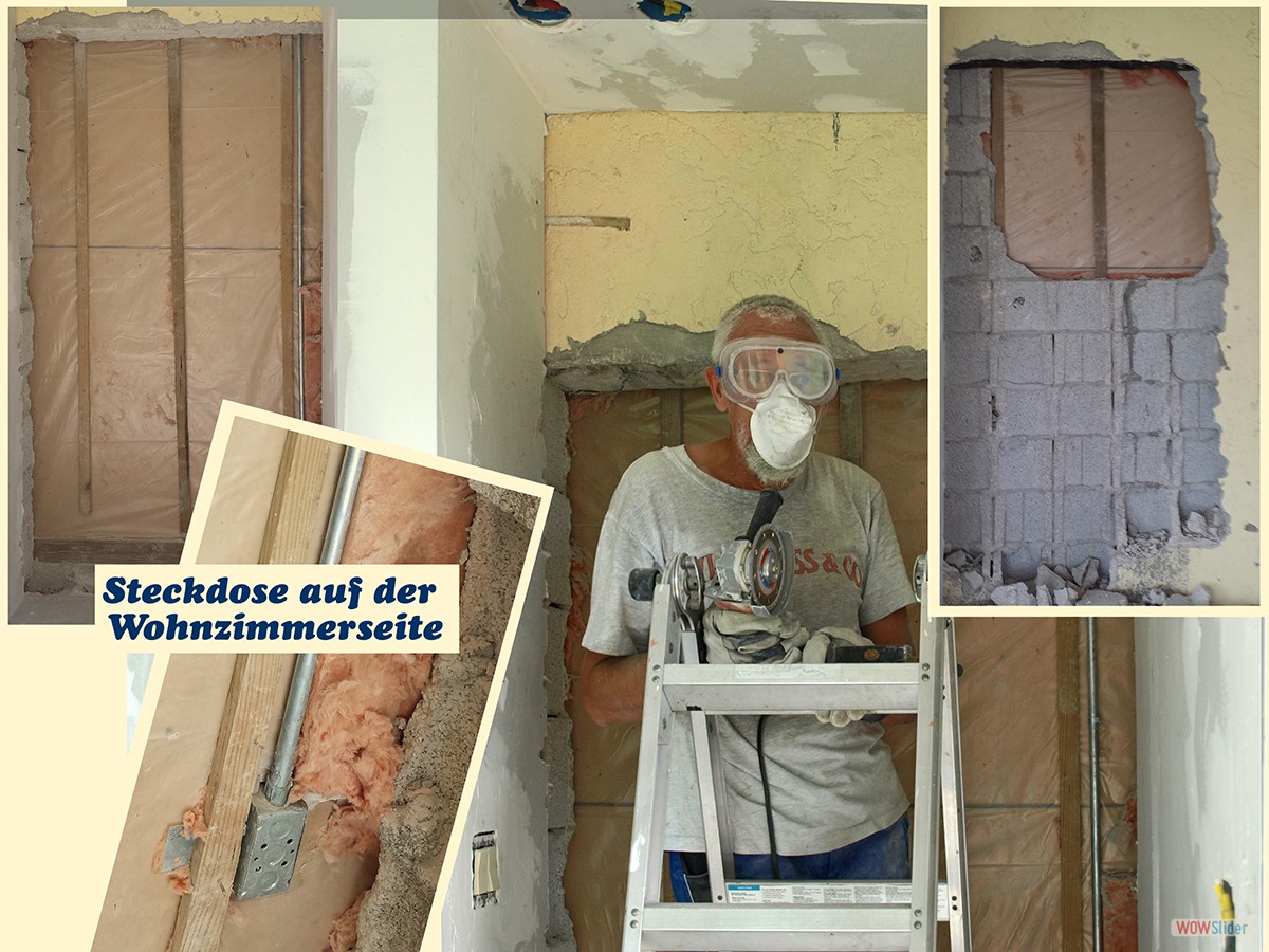 ... und stehen bleibt nur die Isolierung mit den dahinterliegenden Rigipsplatten auf der Wohnzimmerwand