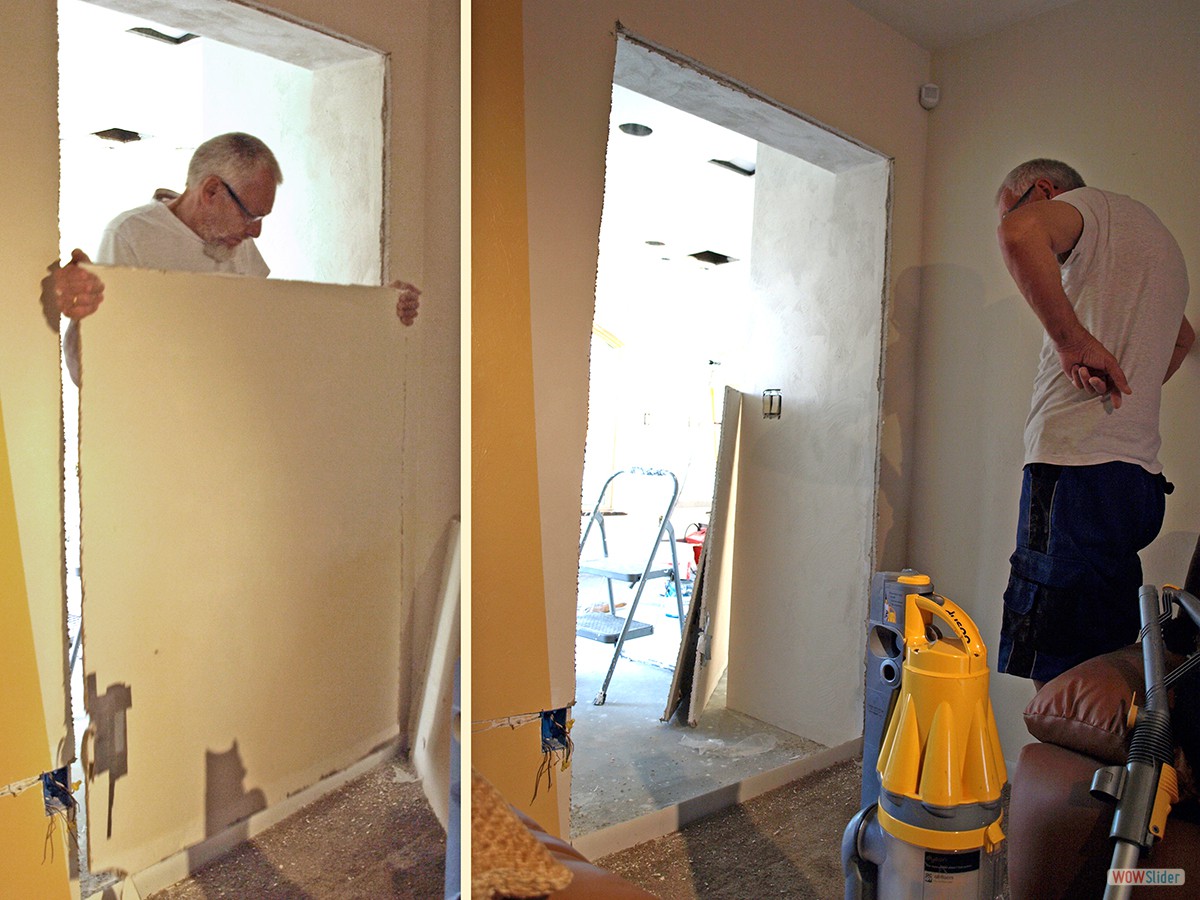 Bis auf kleine Verschönerungsarbeiten, wie das Glätten der Ausschnittkanten und Entfernung der Fußleiste, dann ist der Durchbruch fertig.