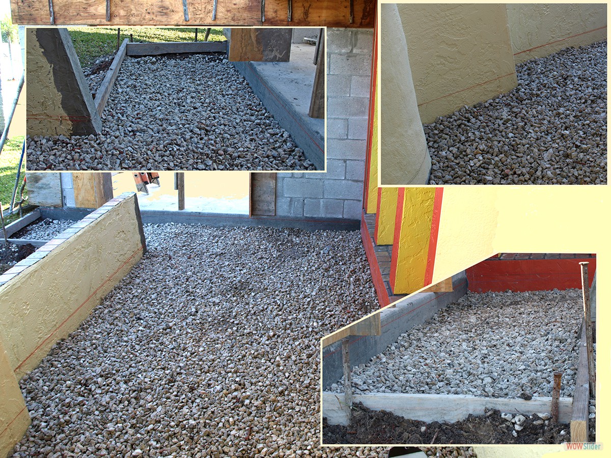 Untergrund und Schalung für die spätere Terrasse (s. die Linien mit der Schlagschnur zur Höhenkennzeichnung)