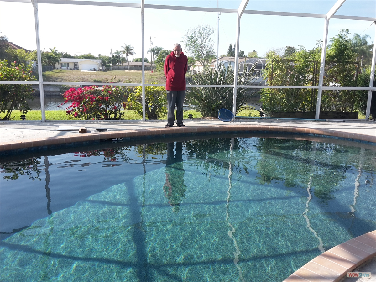 The greenish tinge is caused by the Cape Coral water. But after using the right chemicals everything is fine. The greenish tinge is caused by the Cape Coral water. But after using the right chemicals everything is fine.
