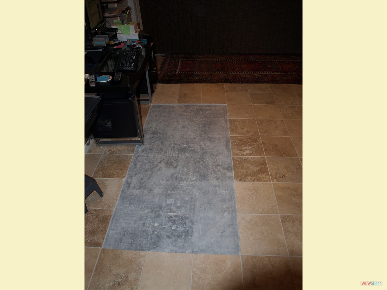 We realised quickly that travertine unfortunately is too soft a stone to be used with office chairs.